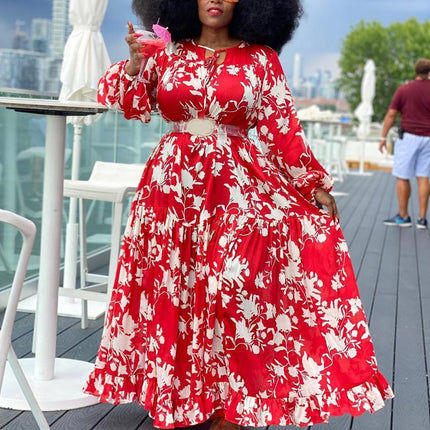 Spring And Autumn Print Big Swing Skirt Plus Size Dress