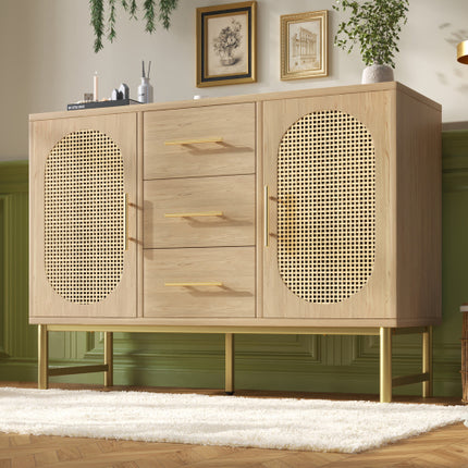 Rattan Sideboard Storage Cabinet With 2 Doors 3 Drawers, Storage Cabinet For Living Room, Bedroom, And Hallway, Metal Handles, Adjustable Shelves, Anti-Tip, 120 X 40 X 74 Cm, Oak