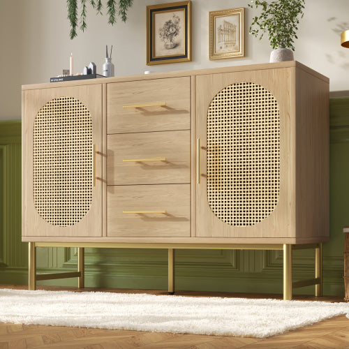 Rottang Buffetskas Met 2 Deure, 3 Laaie, Bergkas Vir Sitkamer, Slaapkamer En Gang, Metaalhandvatsels, Verstelbare Rakke, Kantelbeskerming, 120 X 40 X 74 Cm, Eikehout