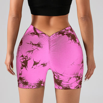 Women's Tie Dye High Waist V-Back Scrunch Yoga Shorts, Seamless Sport Athletic Shorts With Stretch Fabric, Fitness Workout Bottoms