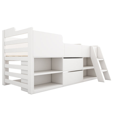 Kajuitbed Middelhoëbed Raamwerk Stoorplek Kinderhoutbed Met Laaie Rak Stoorplek Laagbed 3vt Enkel Kinder Wit Houtbed - 3vt Enkel 90 X 190 Cm Raamwerk Alleen