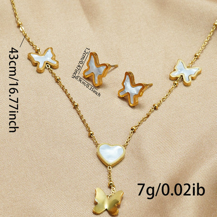 Lxalry 18K Gold Plated Stainless Steel Butterfly Jewelry Set  Hypoallergenic Tarnish Free Mirror Necklace   Earrings Symmetrical Wing Design With Heart Clasp, Skin Safe Luxury Gift For Her  Golden Ho