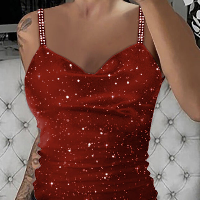 Ladies' Rhinestone Embellished Lace Up New Shoulder Strap Sequin Fashion Sexy Camisole Vest