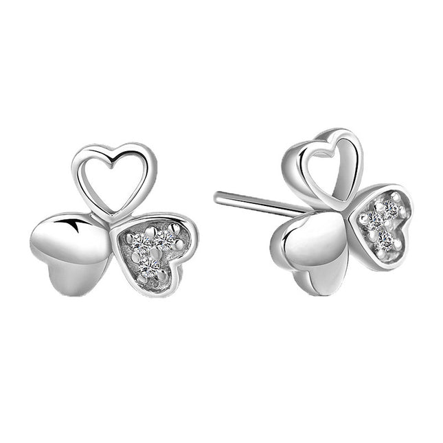 925 Silver Lucky Clover Zircon Stud Earrings Flower Cute