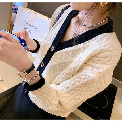 Retro Contrast Color V-neck Knitted Cardigan Women