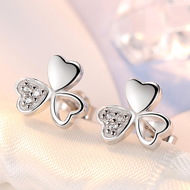 925 Silver Lucky Clover Zircon Stud Earrings Flower Cute