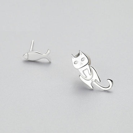 Fashion Asymmetry 925 Sterling Silver Stud Earrings Animal Fish Cat Stud Earrings for Women Personality Jewelry Gifts