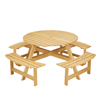 Buite 8 Persoon Piekniektafel, 8 Persoon Ronde Piekniektafel Met 4 Ingeboude Bankies, Sambreelgat, Buite Tafel- En Bankiestel Vir Tuin, Agterplaas, Stoep, Patio, Natuurlik