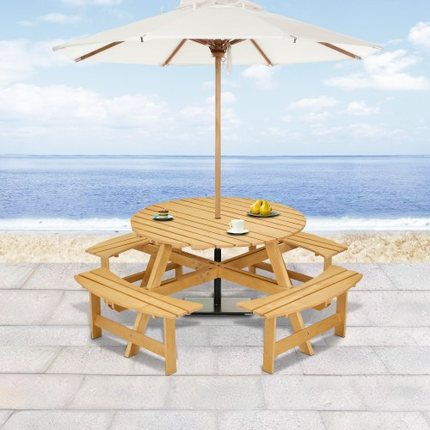 Buite 8 Persoon Piekniektafel, 8 Persoon Ronde Piekniektafel Met 4 Ingeboude Bankies, Sambreelgat, Buite Tafel- En Bankiestel Vir Tuin, Agterplaas, Stoep, Patio, Natuurlik