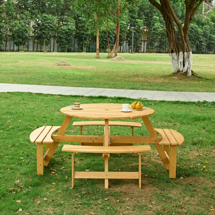 Buite 8 Persoon Piekniektafel, 8 Persoon Ronde Piekniektafel Met 4 Ingeboude Bankies, Sambreelgat, Buite Tafel- En Bankiestel Vir Tuin, Agterplaas, Stoep, Patio, Natuurlik
