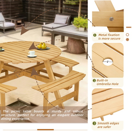 Buite 8 Persoon Piekniektafel, 8 Persoon Ronde Piekniektafel Met 4 Ingeboude Bankies, Sambreelgat, Buite Tafel- En Bankiestel Vir Tuin, Agterplaas, Stoep, Patio, Natuurlik