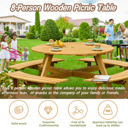 Buite 8 Persoon Piekniektafel, 8 Persoon Ronde Piekniektafel Met 4 Ingeboude Bankies, Sambreelgat, Buite Tafel- En Bankiestel Vir Tuin, Agterplaas, Stoep, Patio, Natuurlik