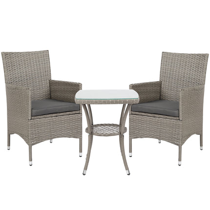 3 Pieces Rattan Bistro Set, Wicker Garden Furniture Set With 2-Tier Coffee Table And Chairs, Washable Cushions, For Outdoor Patio Balcony, Grey