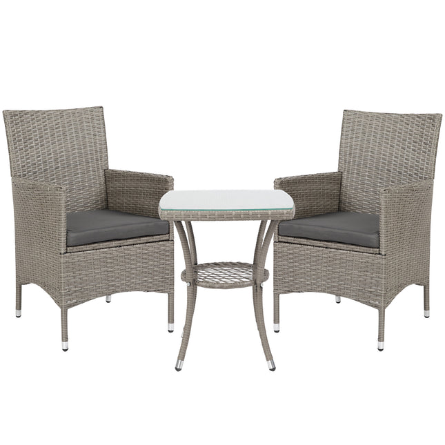 3 Stuks Rotang Bistro Stel, Rattan Tuinmeubelstel Met 2-Vlak Koffietafel En Stoele, Wasbare Kussings, Vir Buite Stoep Balkon, Grys