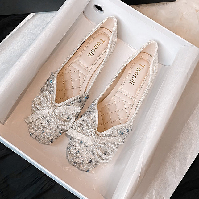 New Square Toe Flats Classic Style Rhinestone Pearl Shoes