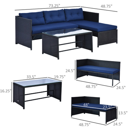 3-stuk-patiomeubelstel, rotan buitebankstel met leunstoel en liefdesbank, sagte kussings, gehardglas-tafel, L-vormige seksionele bank, blou