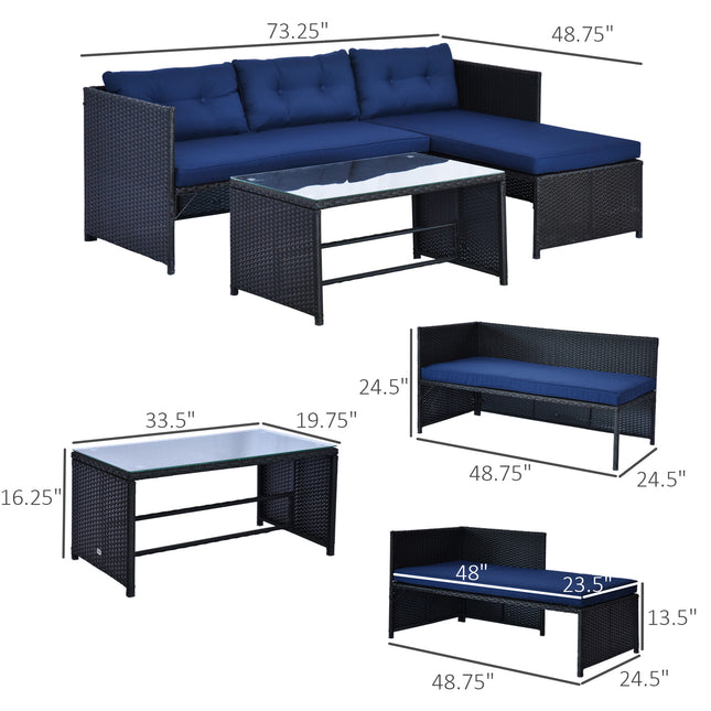 3-stuk-patiomeubelstel, rotan buitebankstel met leunstoel en liefdesbank, sagte kussings, gehardglas-tafel, L-vormige seksionele bank, blou