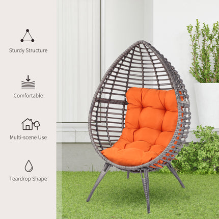 Patio Rattan Eierstoel m/ Sagte Kussing, Traandruppel-Knusselsitplek, Buite-/Binne-Patio Stoel, PE Plastiek Rattan Meubels met Verstelbare Hoogte Voetkussings, Oranje