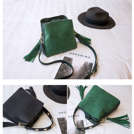 Spring new frosted tassel bucket bag Korean version of the wild shoulder bag female handkerchief retro Messenger