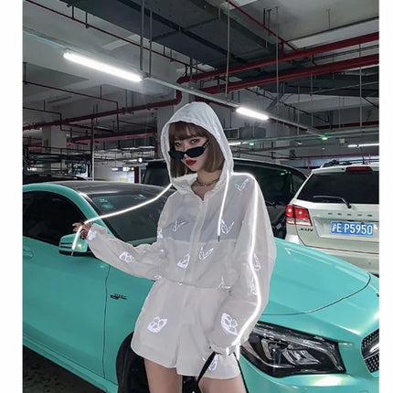 Two Piece Set Women Reflective Butterfly Print Playsuits Hoodies High Waist Lace Up Wide Leg Zip Shorts Loose