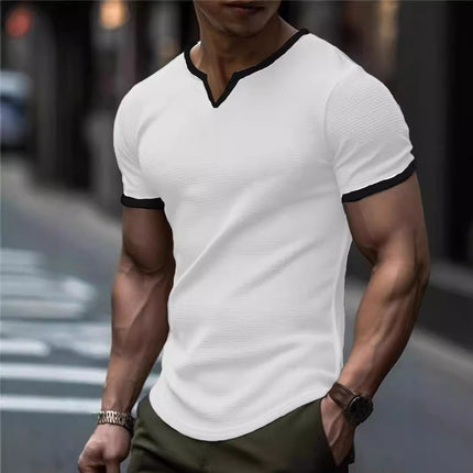 Color-block V Neck Outdoor Sports Waffle T-shirt