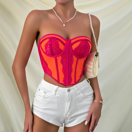 Low-cut Color Matching Wrapped Chest Lace Steel Ring Fishbone Top