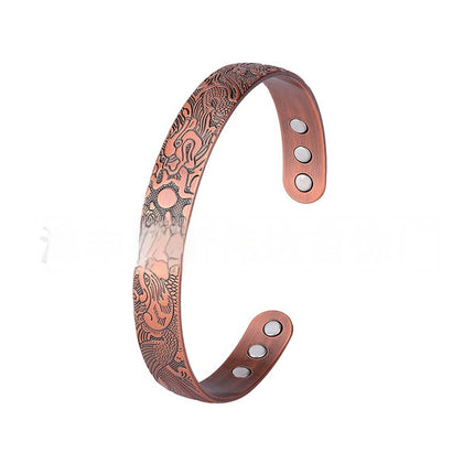 Draak-en-Feniks-Patroon Vintage Soliede Koper Magnetiese Oop-Punt Verstelbare Armband Vir Mans En Vroue