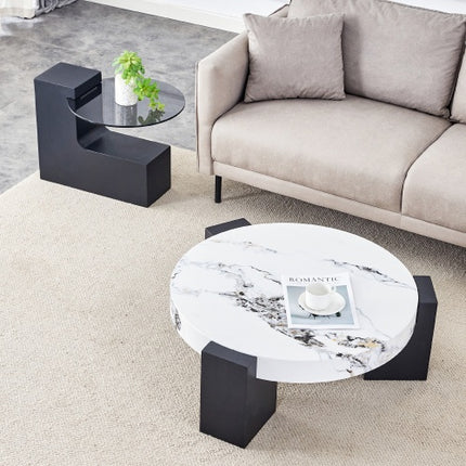 Moderne Eenvoudige Dubbellaag Ronde Koffietafel – Deursigtige Grys Glasblad Met Swart MDF L-vormige Pote. Die Afneembare Ontwerp Kan Die Gebruik Van Ruimte Buigsamer Maak