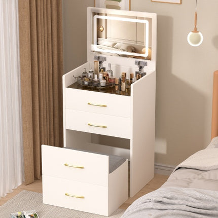 3-in-1 Spogtafel met Oop Bovlak Spieël, Klein Grimering Spogtafelstel met Sigbare Glasblad, Kompakte Grimering Spogtafel met 3 Laaie, Kleedtafel vir Slaapkamer