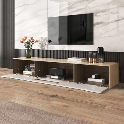 TV Cabinet, High Gloss TV Cabinet, Color Matching High-glosswhite And Wood Color, With Color Changing LED Light.
