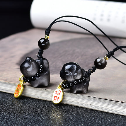 Cute Silver Obsidian Curly-Tail Cat Wangcai Puppy Keychain