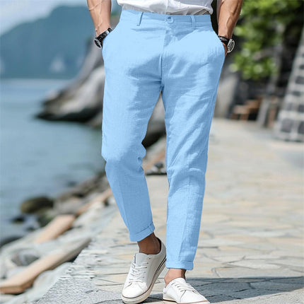 Men's Linen Summer Button Front Slant Pocket Straight-leg Trousers