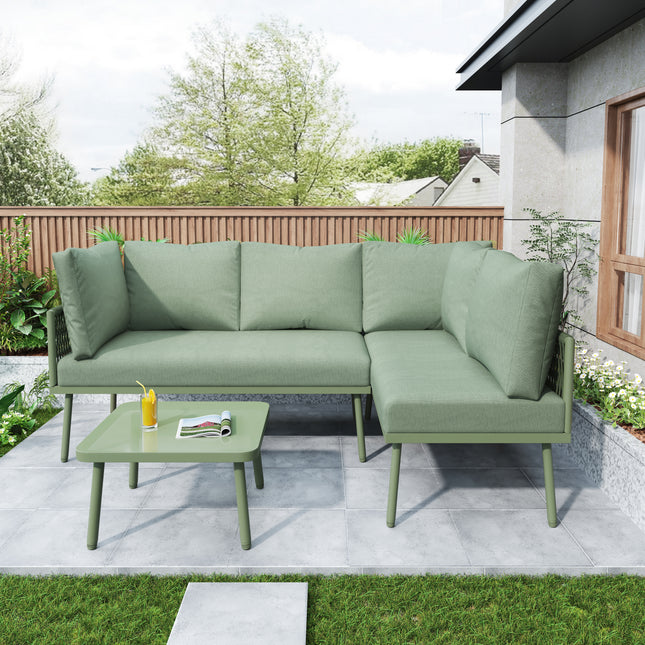 Buitenstoepe & Agterplaasmeubels Tuinrusbankstel Vir 4-5 Mense, Dik Kwaliteit Ruimtebesparende L-vormige Hoekbank Met Glas Koffietafel, Groen