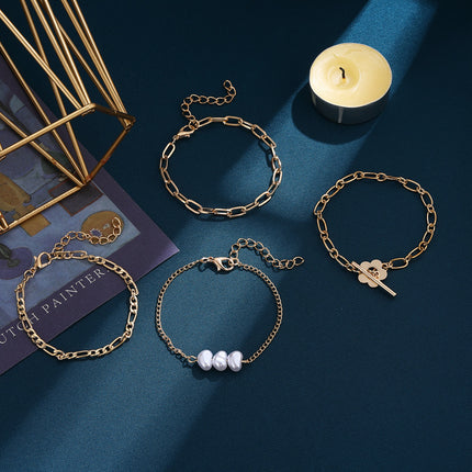 4-Stuk Minimalistiese Geometriese Armbandstel Vir Vroue Met Blomontwerp