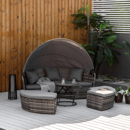 4-stuk Ronde Rottang Dagbed, Omskepbare Patio Meubelstel, Verstelbare Sonskerm, Afdeling Buitelugbank, 2 Stoele, Uitskuifbare Teetafel Ottoman Stoel, 3 Kussings, Grys