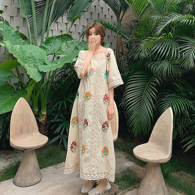 Design Sense Square Neck Lace Stitching Embroidery Flower Dress