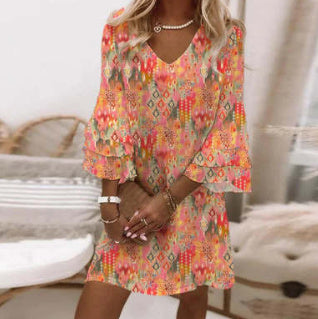 Women's Fashion V-neck Ruffle Digital Printing Dress
