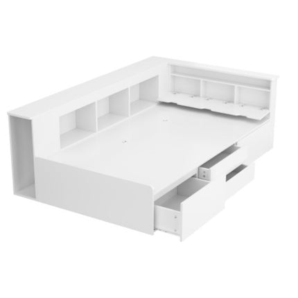 Kinderbed, Enkelbed-3ft90x190cm, Enkelbed, Multifunksionele Kinderbed Met Laaie, Boekrak En Opbergkas, Bedkas Met Bergplek, Sonder Matras, Wit