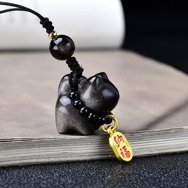 Oulike Silwer Obsidiaan Krulstert Kat Wangcai Hondjie Sleutelhanger