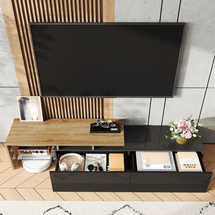 Moderne TV-Kabinetsontwerp Stylvol en Elegant, Praktiese Bergingsruimte, Swart en Hout Voorkoms, Glasrakke, LED-Beligting
