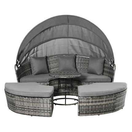 4-stuk Ronde Rottang Dagbed, Omskepbare Patio Meubelstel, Verstelbare Sonskerm, Afdeling Buitelugbank, 2 Stoele, Uitskuifbare Teetafel Ottoman Stoel, 3 Kussings, Grys