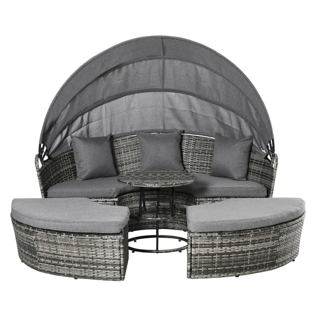 4-stuk Ronde Rottang Dagbed, Omskepbare Patio Meubelstel, Verstelbare Sonskerm, Afdeling Buitelugbank, 2 Stoele, Uitskuifbare Teetafel Ottoman Stoel, 3 Kussings, Grys