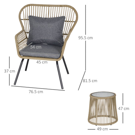 3 Stukke Rottang Bistro Stel, Rattan Tuinmeubelstel Met Kussings, Glaskant Koffietafel En Stoele Vir Buite, Patio, Balkon, Bruin