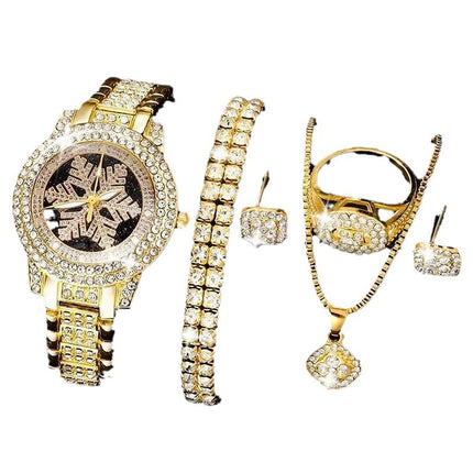Sneeuvlokpatroon Horlosie Luukse Volle Rhinestone Juweliersware Vyfdelige Stel