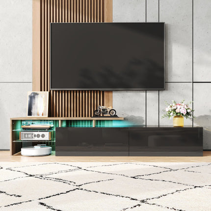 Moderne TV-Kabinetsontwerp Stylvol en Elegant, Praktiese Bergingsruimte, Swart en Hout Voorkoms, Glasrakke, LED-Beligting