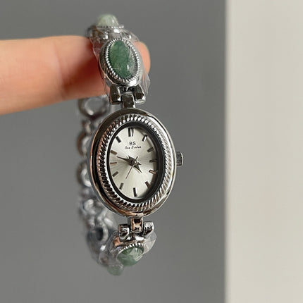 Women's Small Jade Oval Diamond Quartz Bracelet Watch