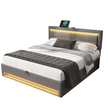 Gestoffeerde Bed 150 X 200 Cm, King Size Bed-5vt, met USB-poort Ondersteun Draadloos en Bedrade Laai, met LED-beligting en Bergingspasie, Sonder Matras, PU-litjiepatroon, Grys