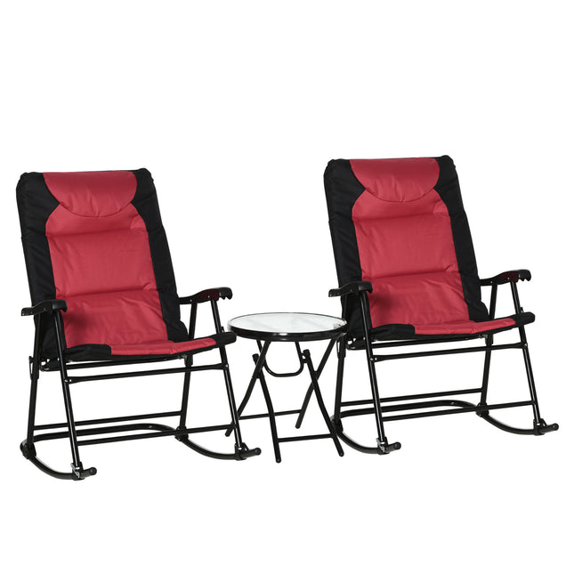 3 Stuk Buitelug Patio Meubelstel met Glaskoffietafel & 2 Opvoubare Gestoelde Swaai Stoele, Bistro Styl vir Stoep, Kampeer, Balkon, Rooi