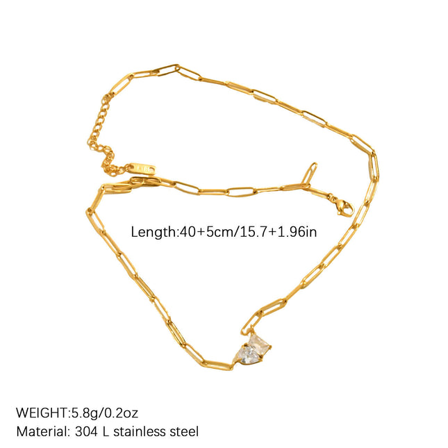 Gold-Plated Square Waterdrop Zircon Stainless Steel Necklace, Versatile Style