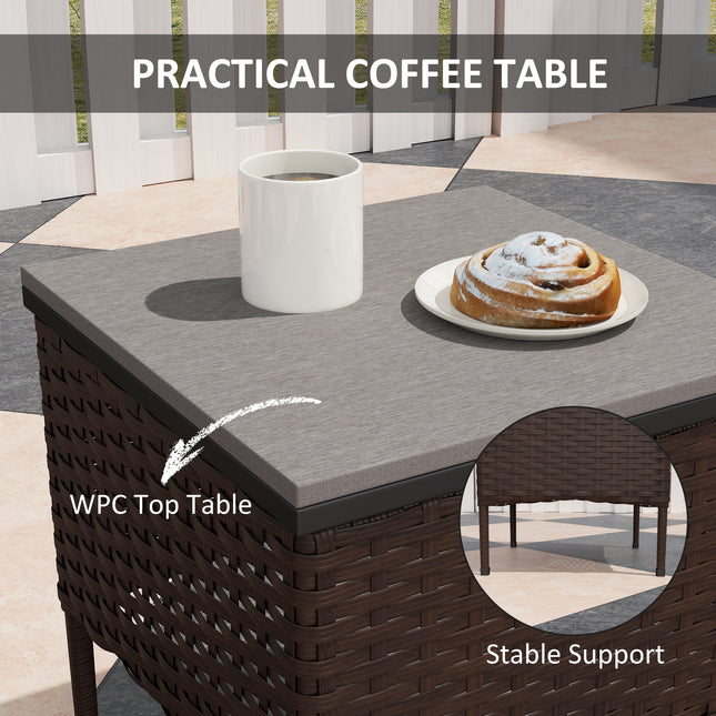 3-Stuk Wicker Patio Meubelstel, Buiten PE Rottang Wiegstoele met Koffietafel, Kussings vir Stoep, Bruin